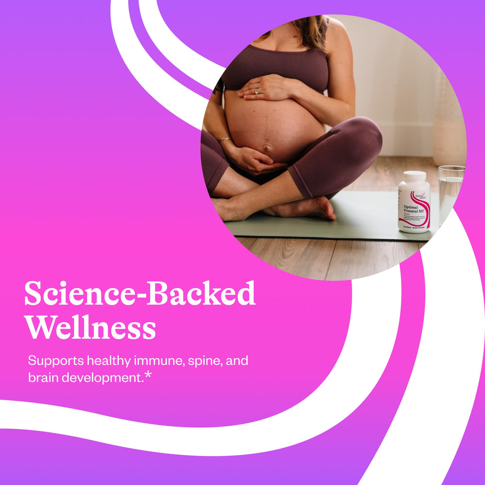 Seeking Health Optimal Prenatal MF bottle pour illustrating convenient dosing