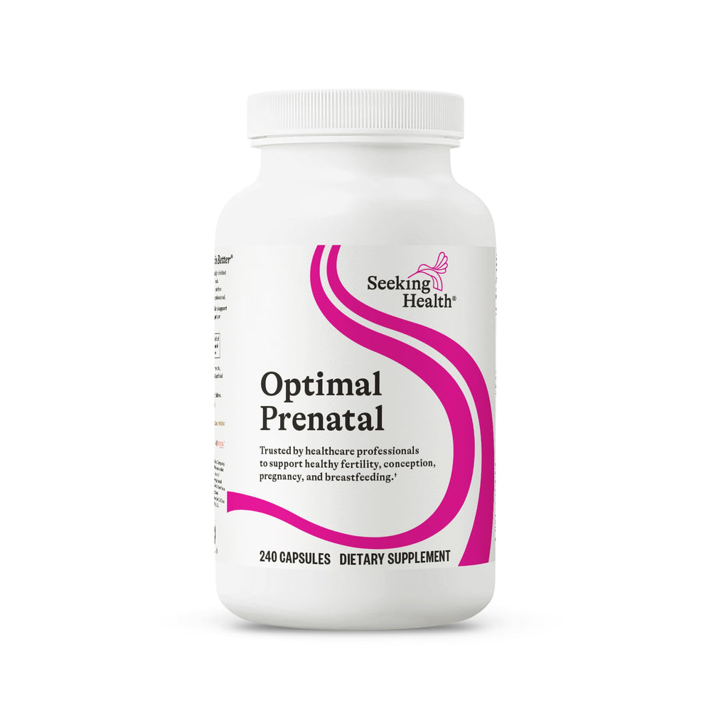Seeking Health Optimal Prenatal bottle front with 240 capsules for daily prenatal use