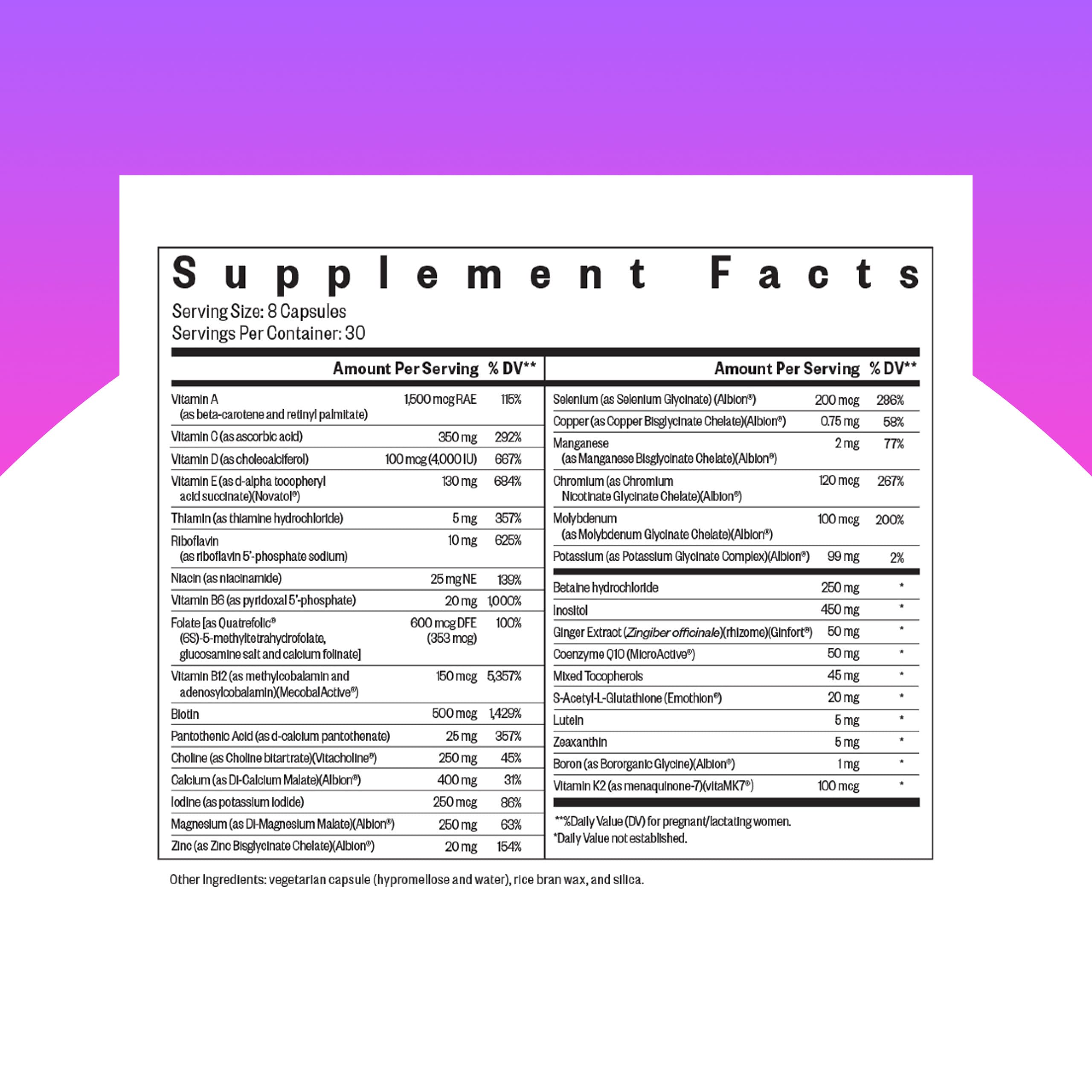 Seeking Health Optimal Prenatal capsules close-up showing vegetarian formula