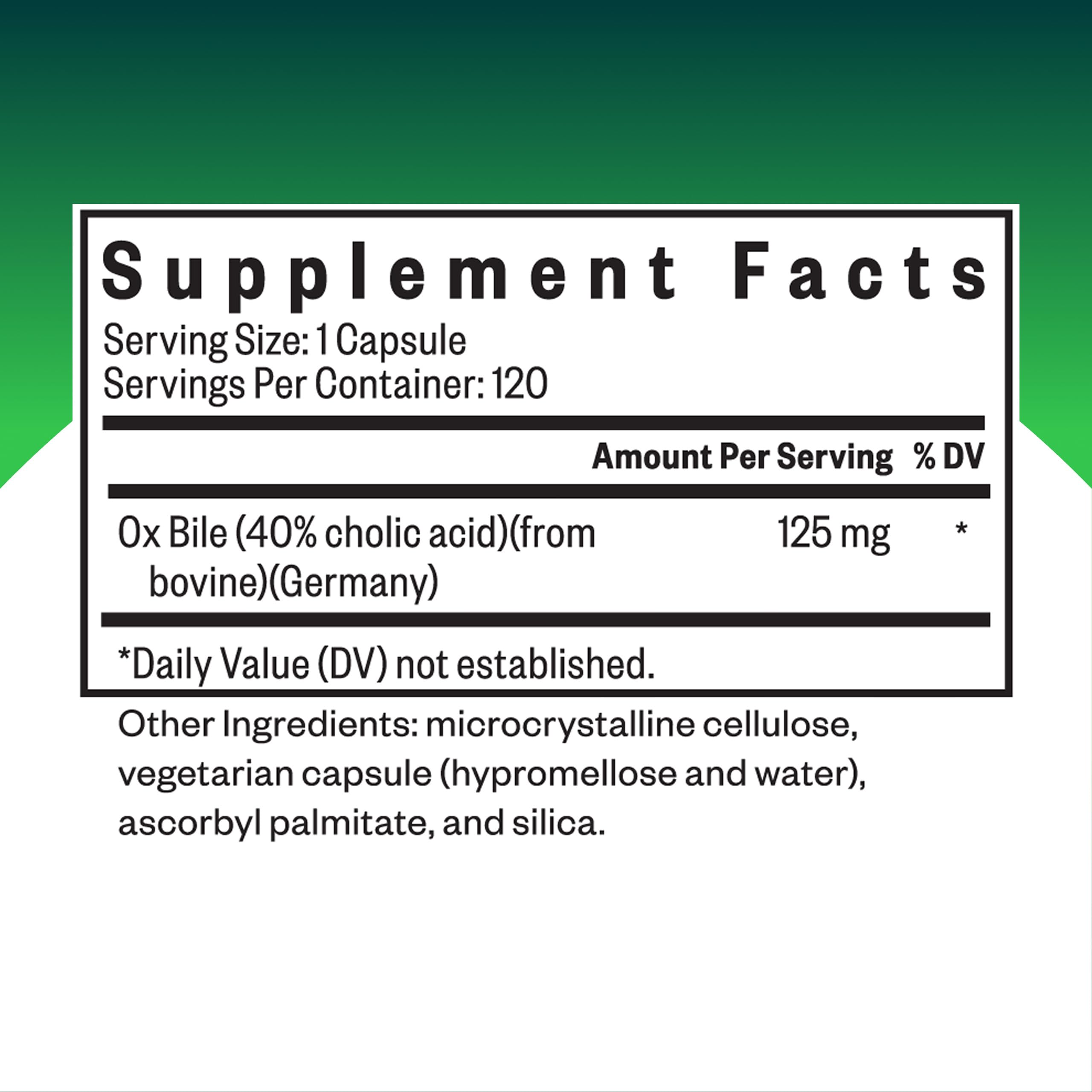 Seeking Health Ox Bile bottle label close-up, highlighting ingredients for fat digestion.