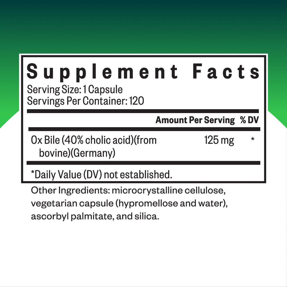 Seeking Health Ox Bile bottle label close-up, highlighting ingredients for fat digestion.