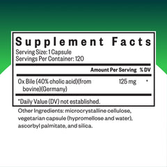 Seeking Health Ox Bile bottle label close-up, highlighting ingredients for fat digestion.