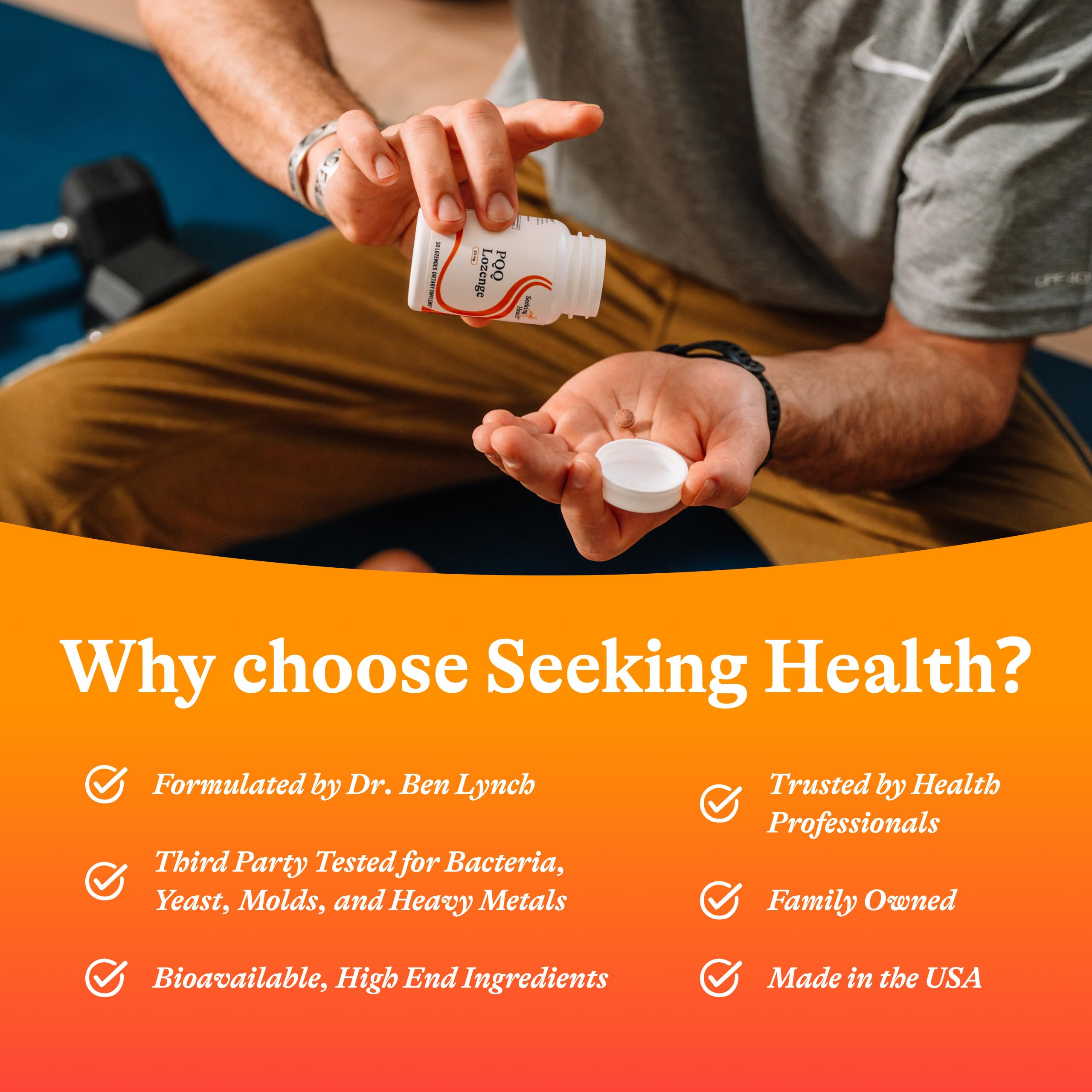 Seeking Health PQQ lozenge hand holding: discreet support for energy and focus
