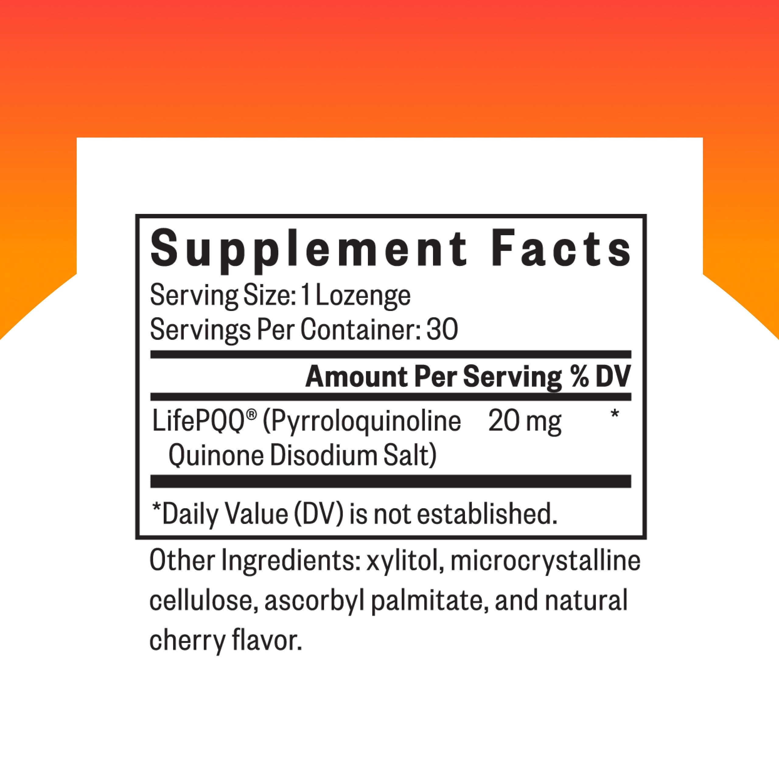 Seeking Health PQQ lozenge label closeup: highlights 20 mg PQQ for brain health support