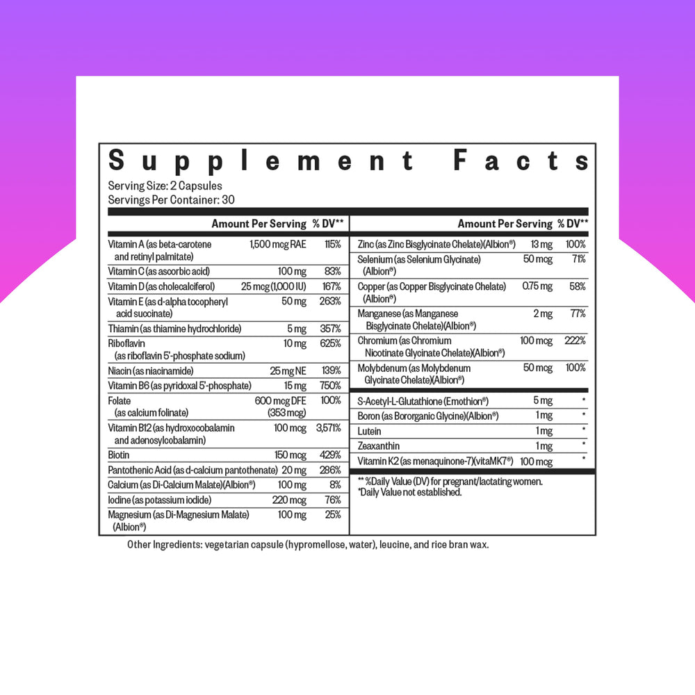 Seeking Health Prenatal Essentials MF capsules close-up highlighting zinc and B vitamin support