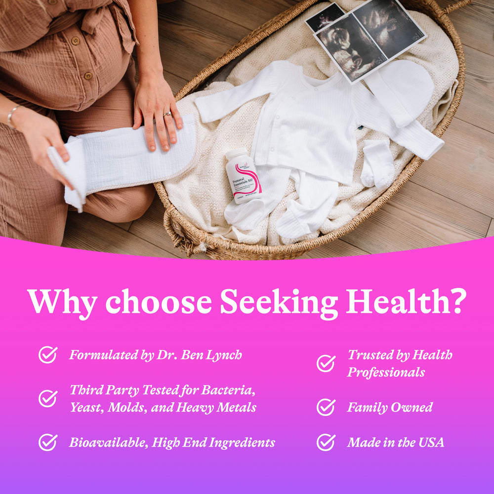 Seeking Health Prenatal Essentials MF capsules on a white surface for daily intake