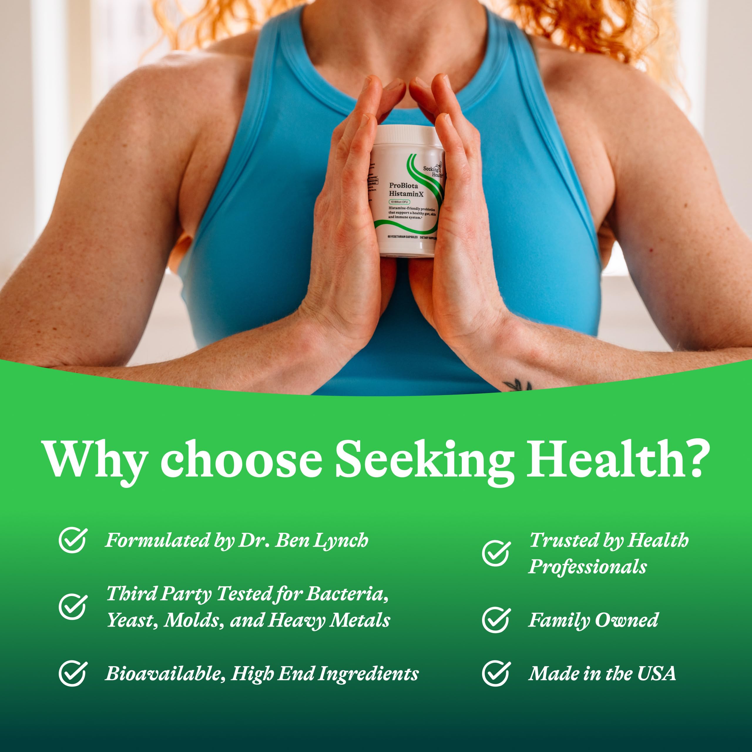 Seeking Health ProBiota HistaminX ingredient list highlights Lactobacillus plantarum and salivarius.