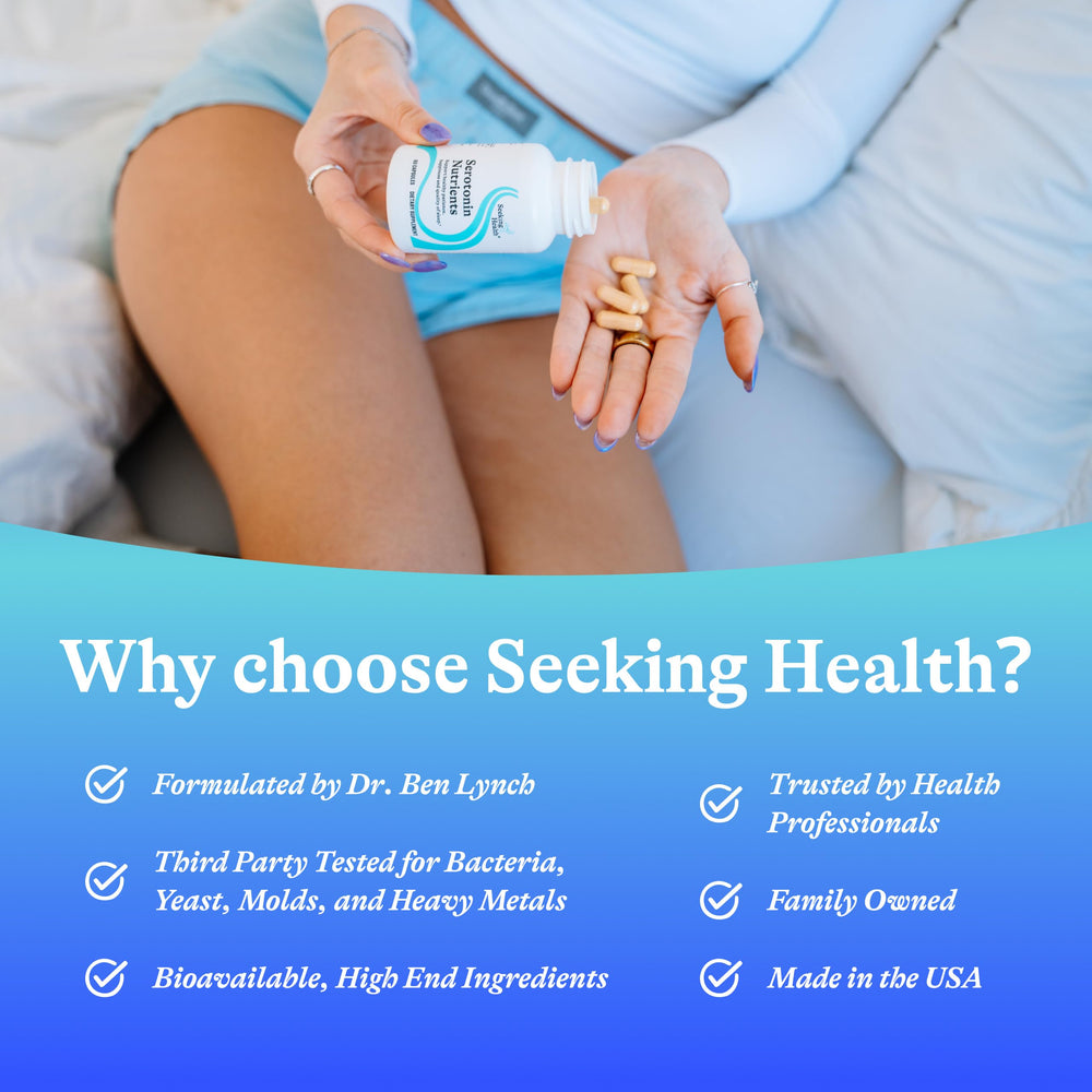 Seeking Health Serotonin Nutrients capsules inside bottle ready for daily use