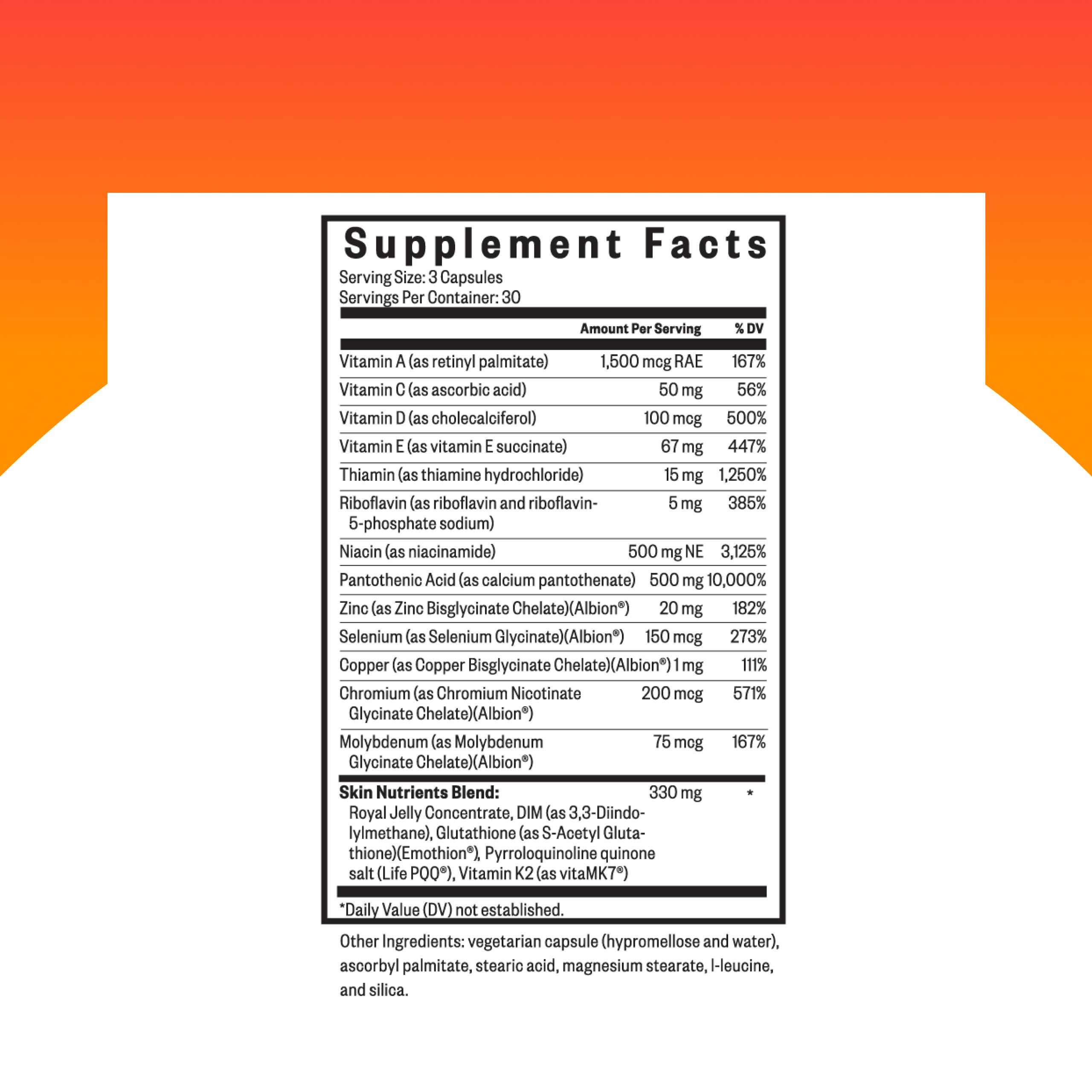 Seeking Health Skin Nutrients capsules closeup highlights high-potency skin nutrients.
