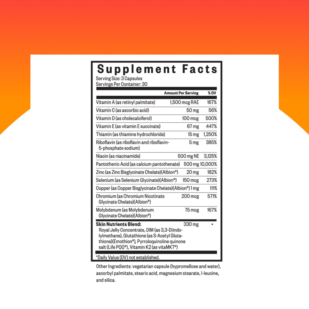 Seeking Health Skin Nutrients capsules closeup highlights high-potency skin nutrients.
