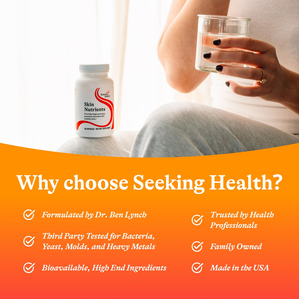 Seeking Health Skin Nutrients ingredients list highlights vitamins and royal jelly.