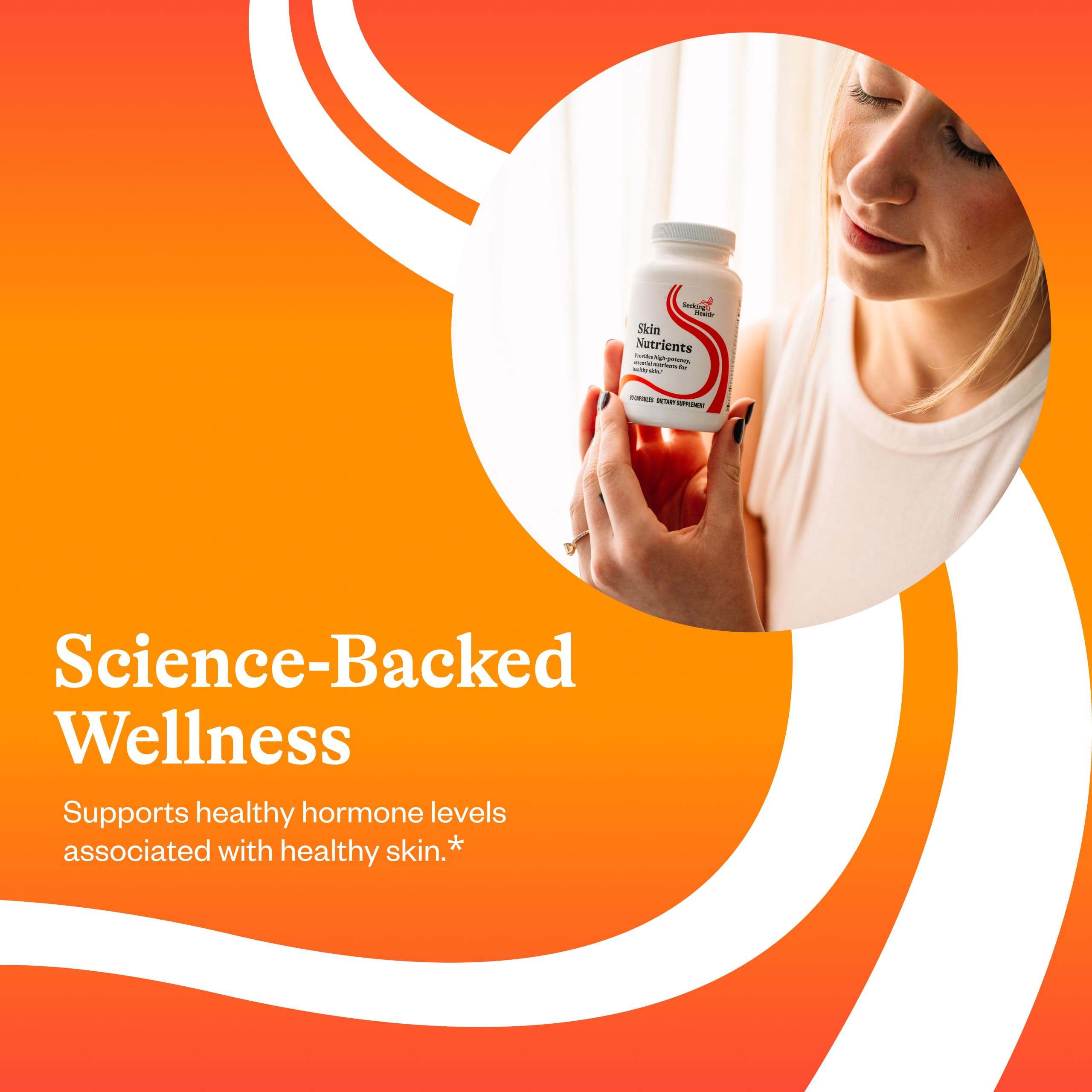 Seeking Health Skin Nutrients label detail shows ingredients for skin hydration and antioxidant support.