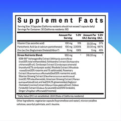 Seeking Health Stress Nutrients bottle back label detailing cortisol balance information