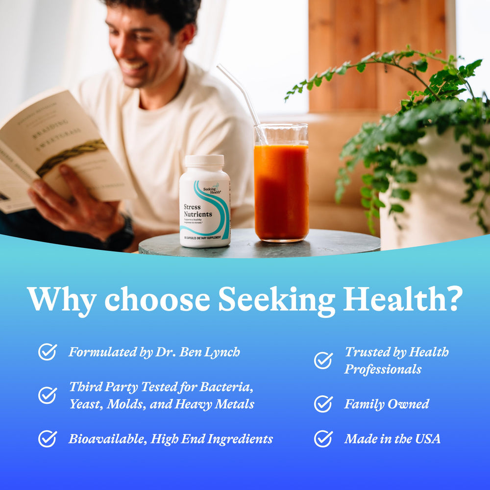 Seeking Health Stress Nutrients box with usage guidance for daily use