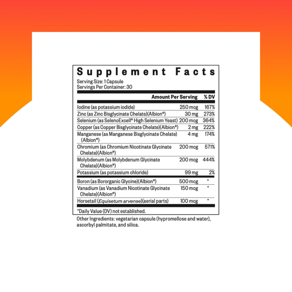 Seeking Health Trace Minerals Complex bottle cap emphasizes iron-free formulation for sensitive diets