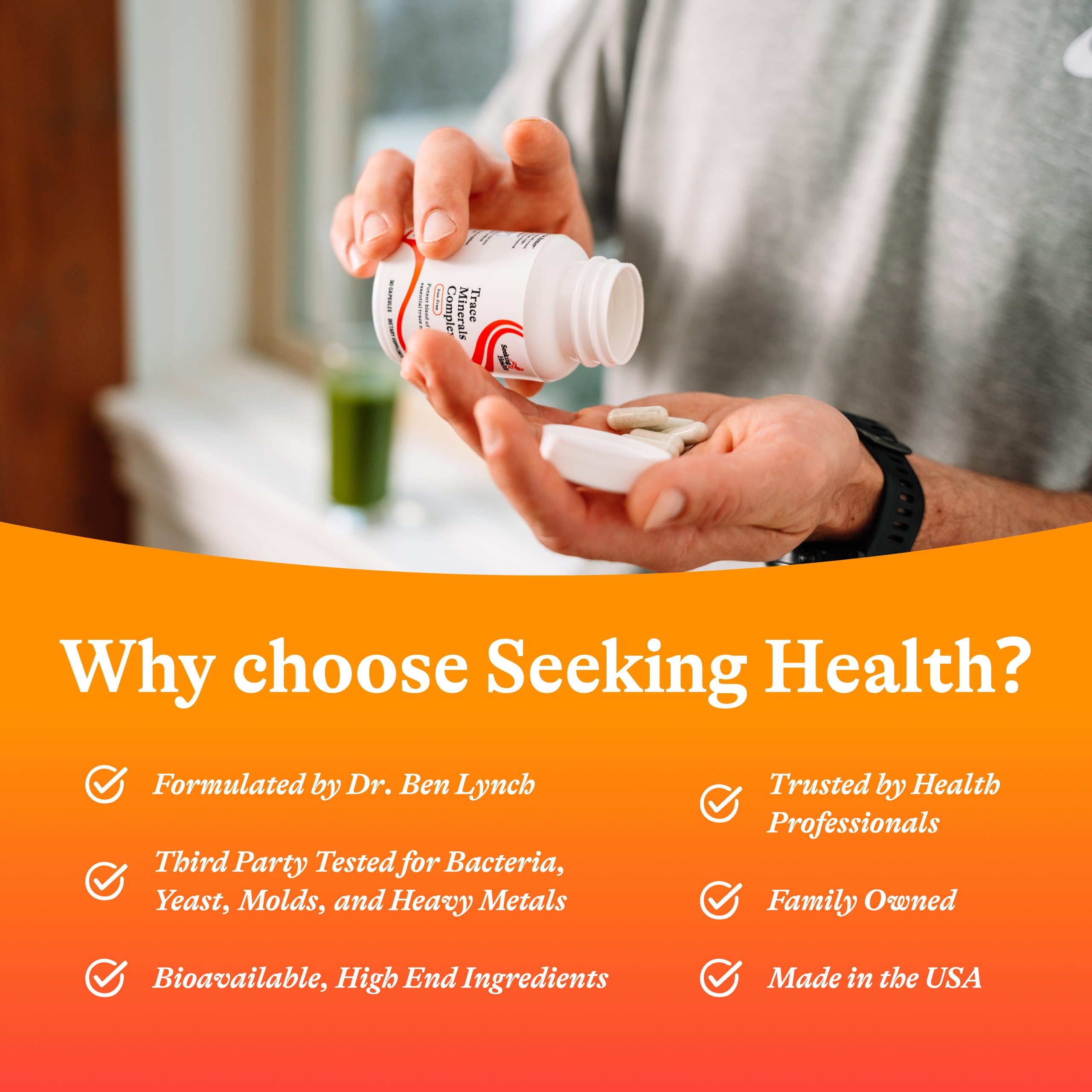 Seeking Health Trace Minerals Complex bottle pour suggests simple daily use