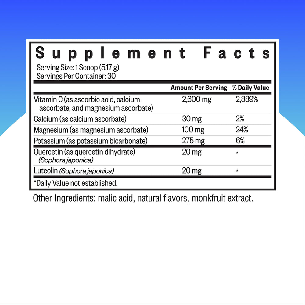 Seeking Health Vitamin C Plus powder being poured into a cup for easy daily dosing.