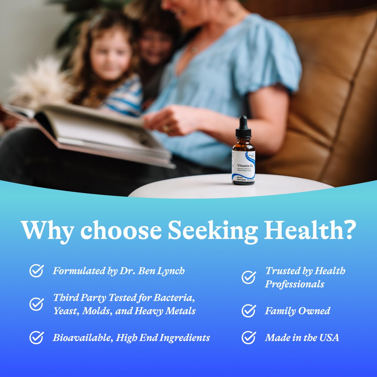 Seeking Health Vitamin D3 Drops bottle on a kitchen counter for daily use
