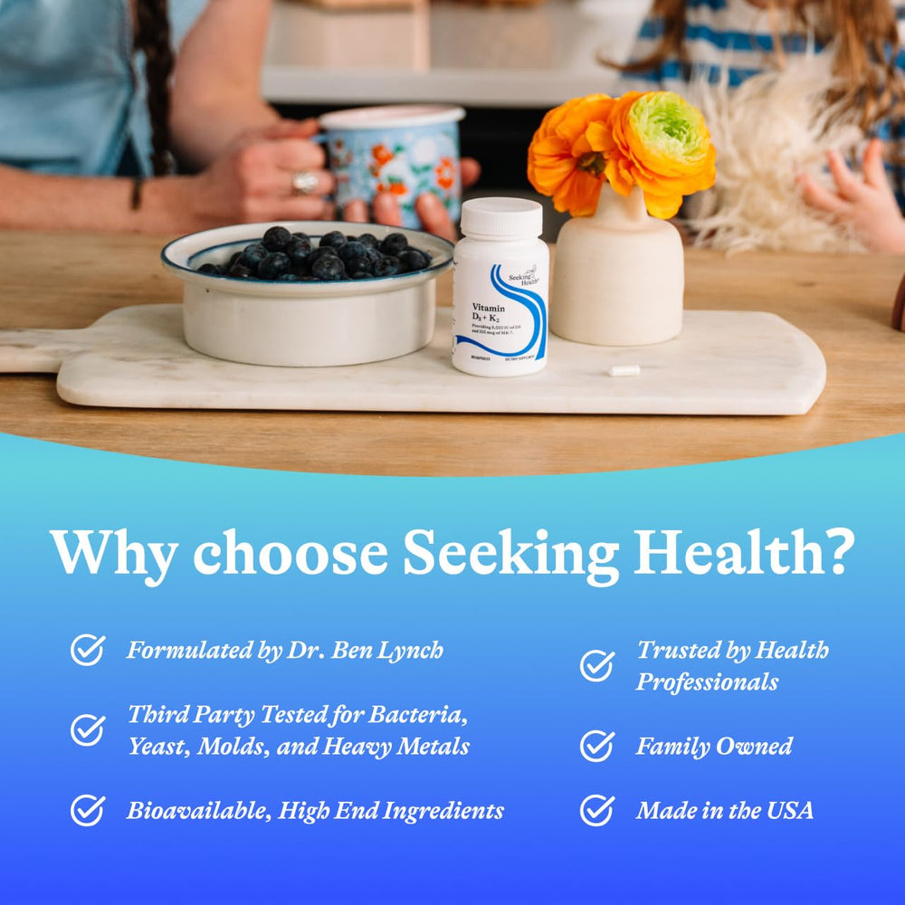 Seeking Health allergen-free badge signaling GMO-free and common allergen absence.