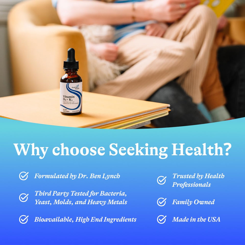 Seeking Health vitamin drops packaging highlights quality assurance for safe daily use