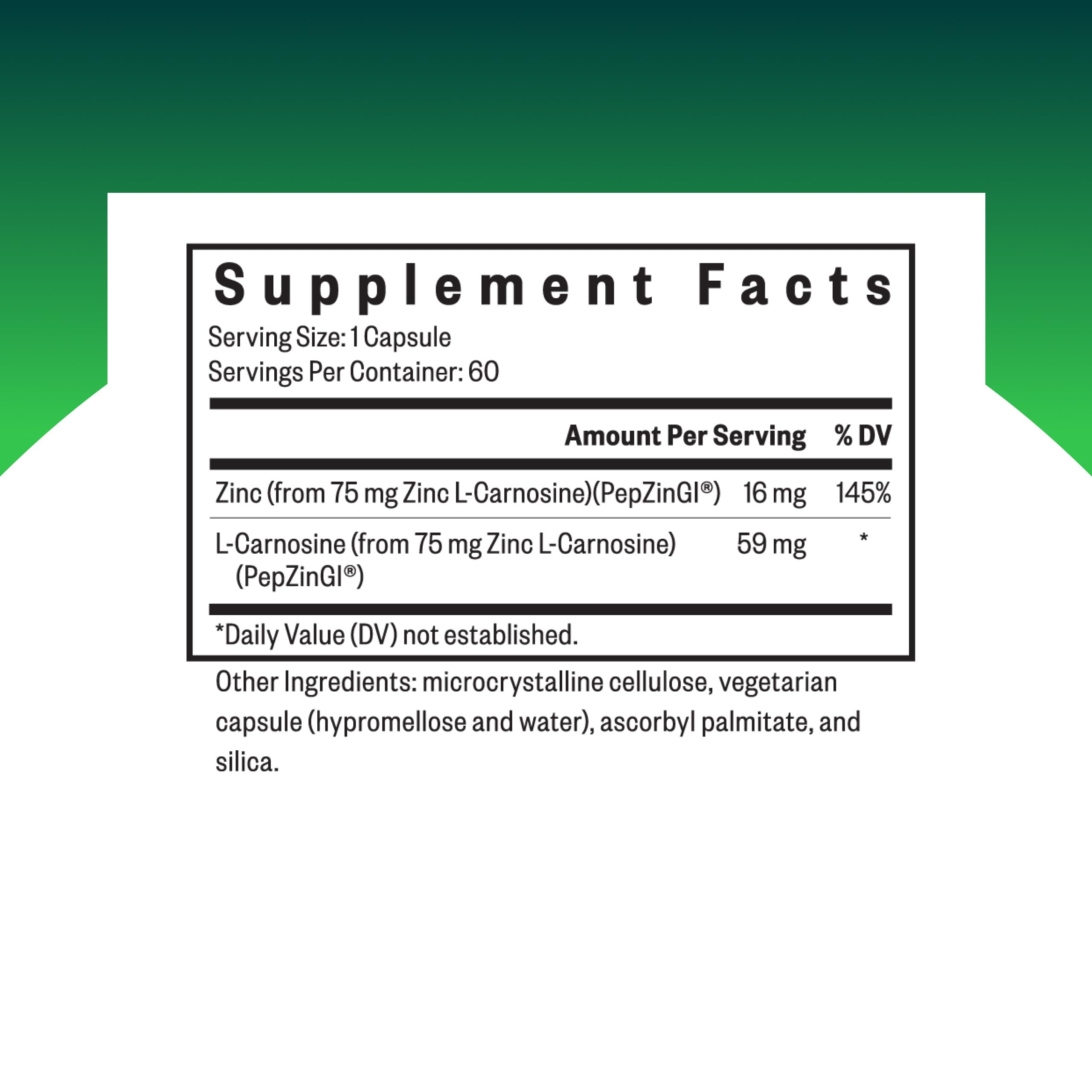 Seeking Health Zinc Carnosine capsule close-up highlights antioxidant support for the gut lining.