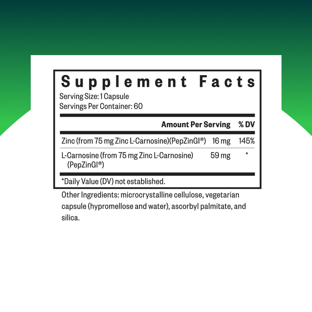 Seeking Health Zinc Carnosine capsule close-up highlights antioxidant support for the gut lining.