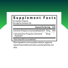 Seeking Health Zinc Carnosine capsule close-up highlights antioxidant support for the gut lining.