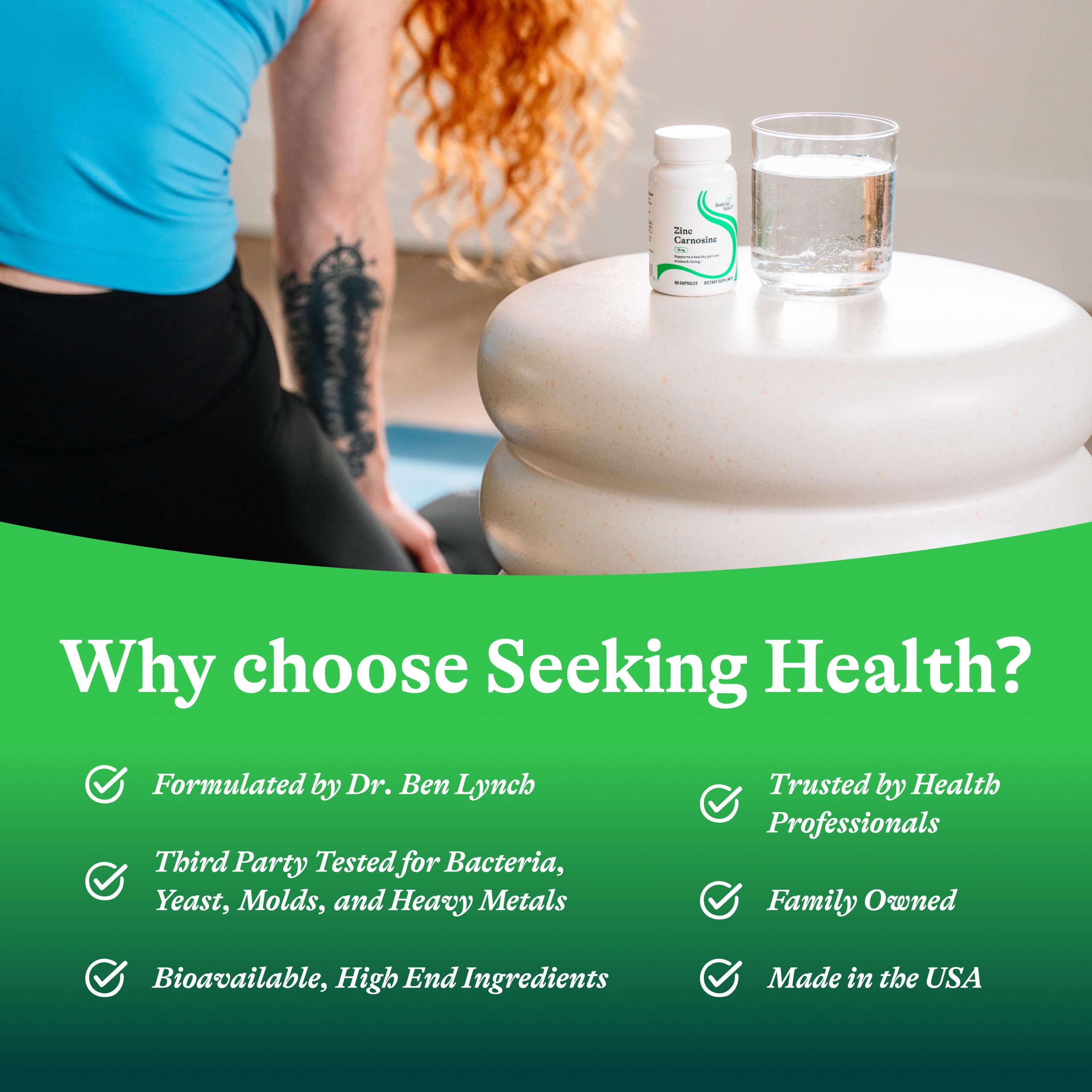 Seeking Health Zinc Carnosine countertop view suggests easy daily gut support routine.