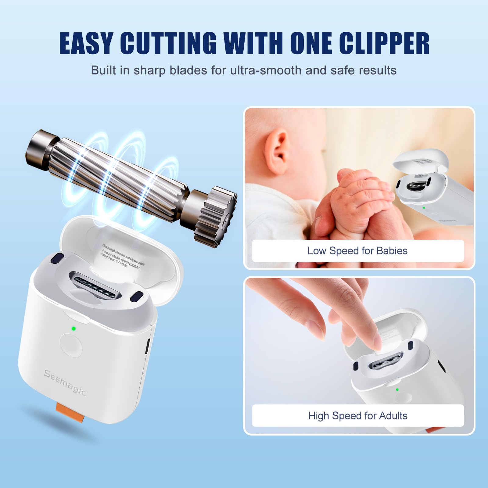 Spiral hidden blade on Seemagic baby nail clipper for safe grooming.