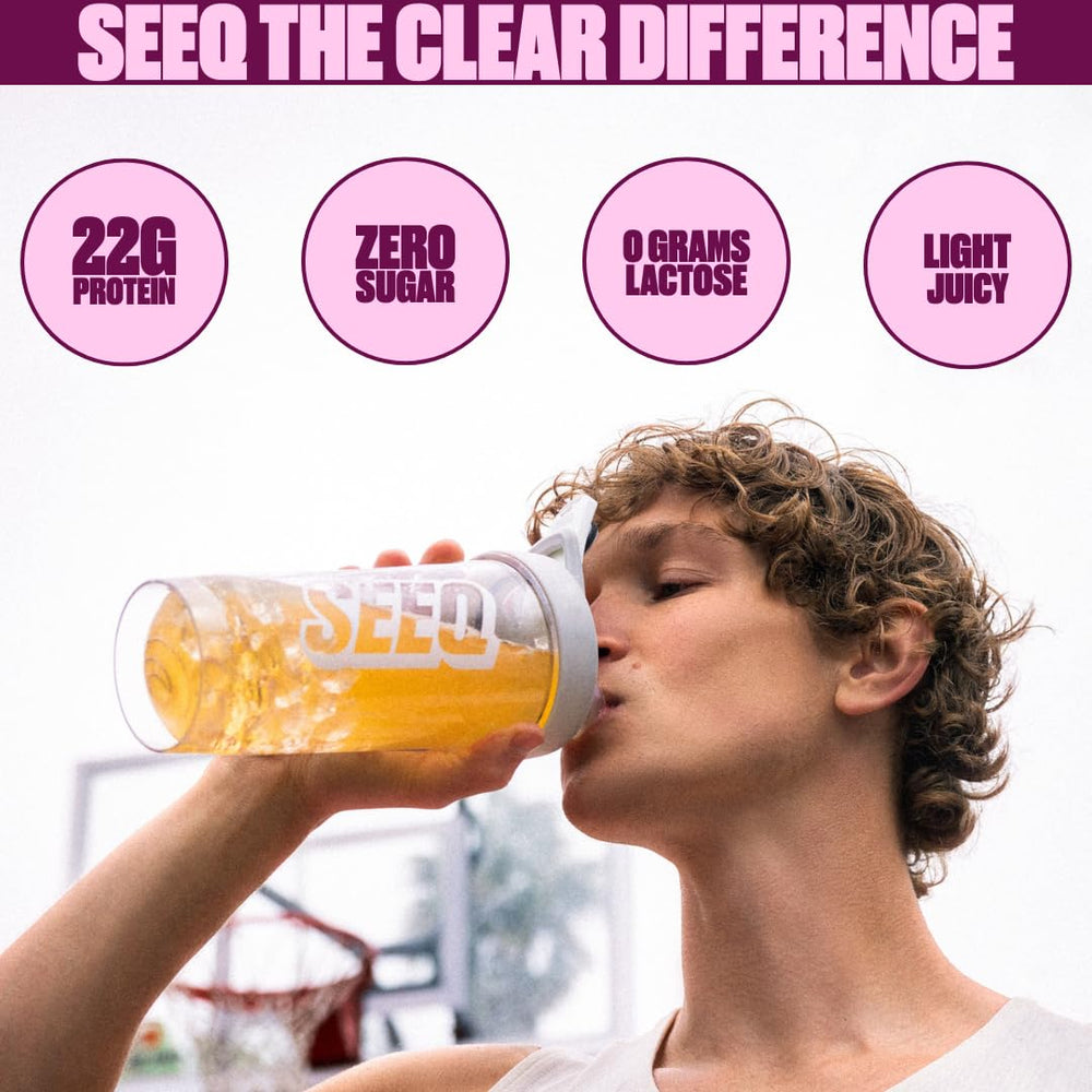 SEEQ Clear Whey Isolate Fruit Punch being poured for a juice-like shake