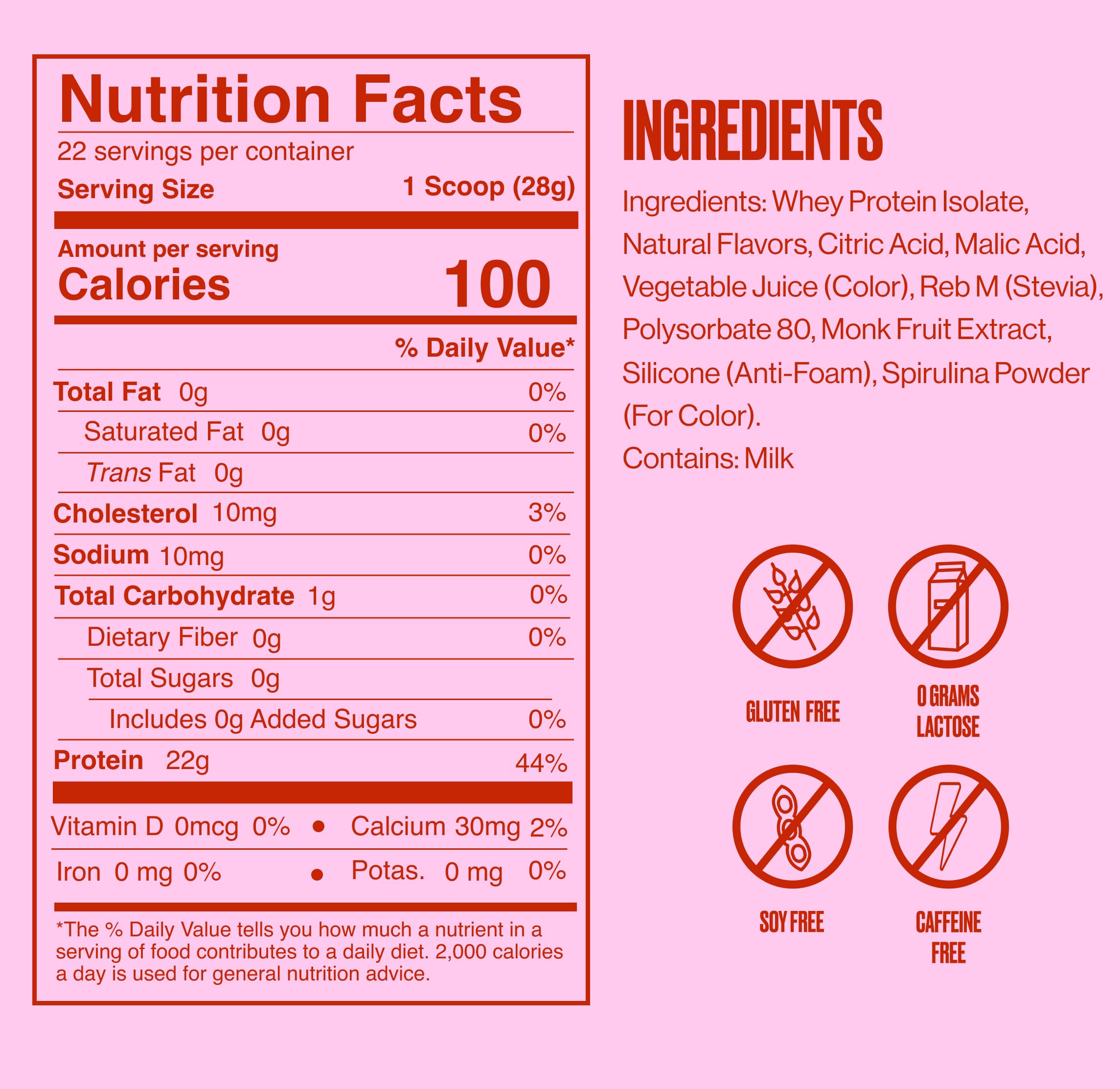 Measuring scoop beside glass showing 22g protein per serving