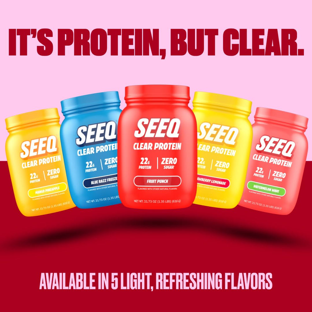 Retail packaging of SEEQ Clear Whey Isolate Fruit Punch on a clean counter