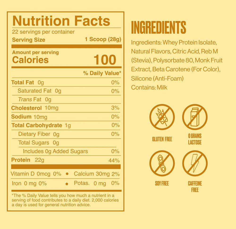 SEEQ Clear Whey Isolate Mango Pineapple nutrition panel showing 22g protein and zero sugar