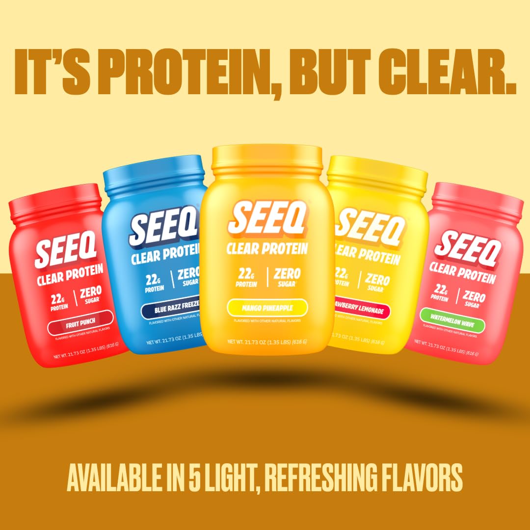 SEEQ Clear Whey Isolate Mango Pineapple packaging highlighting gluten-free and soy-free claims