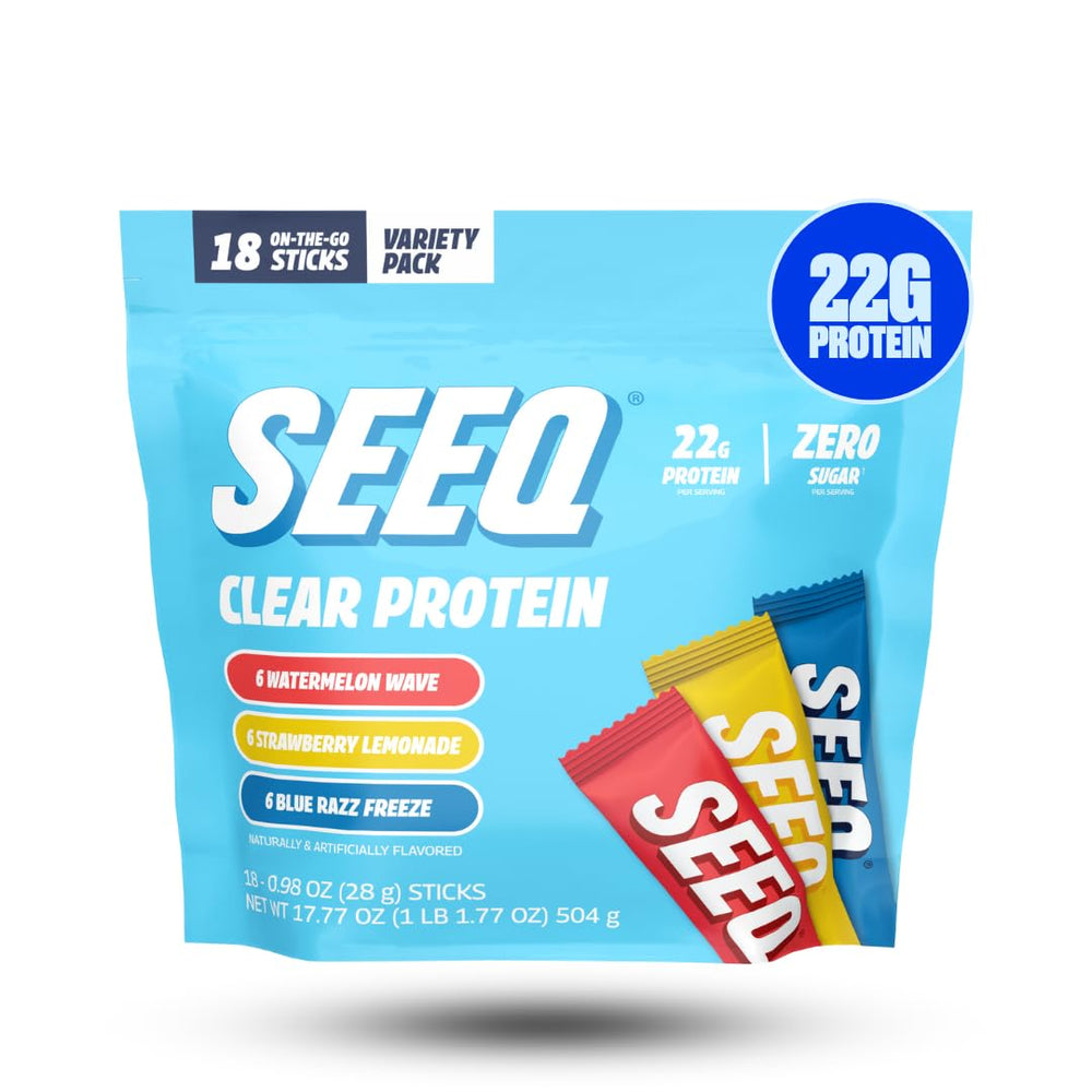 SEEQ Clear whey isolate sample pack front view highlighting convenient on-the-go protein