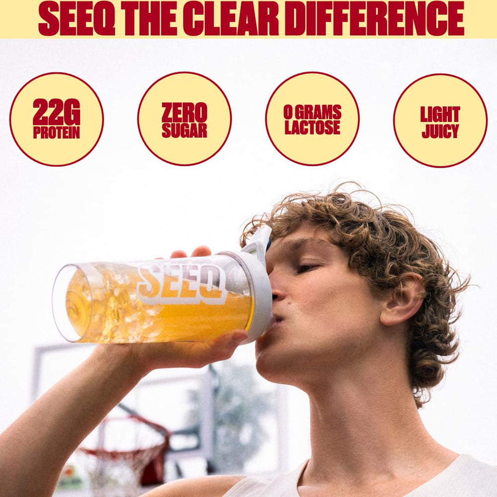 SEEQ Clear Whey Isolate Strawberry Lemonade pour into glass for a refreshing post-workout sip.
