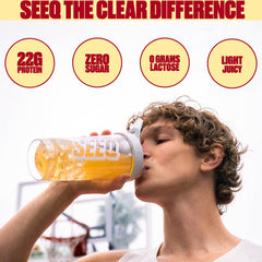 SEEQ Clear Whey Isolate Strawberry Lemonade pour into glass for a refreshing post-workout sip.