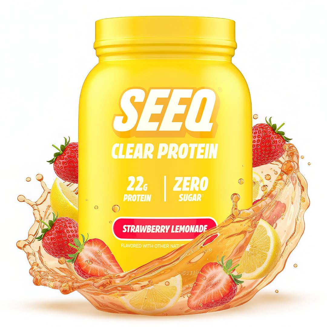 SEEQ Clear Whey Isolate Strawberry Lemonade tub offers a light protein boost after workouts.