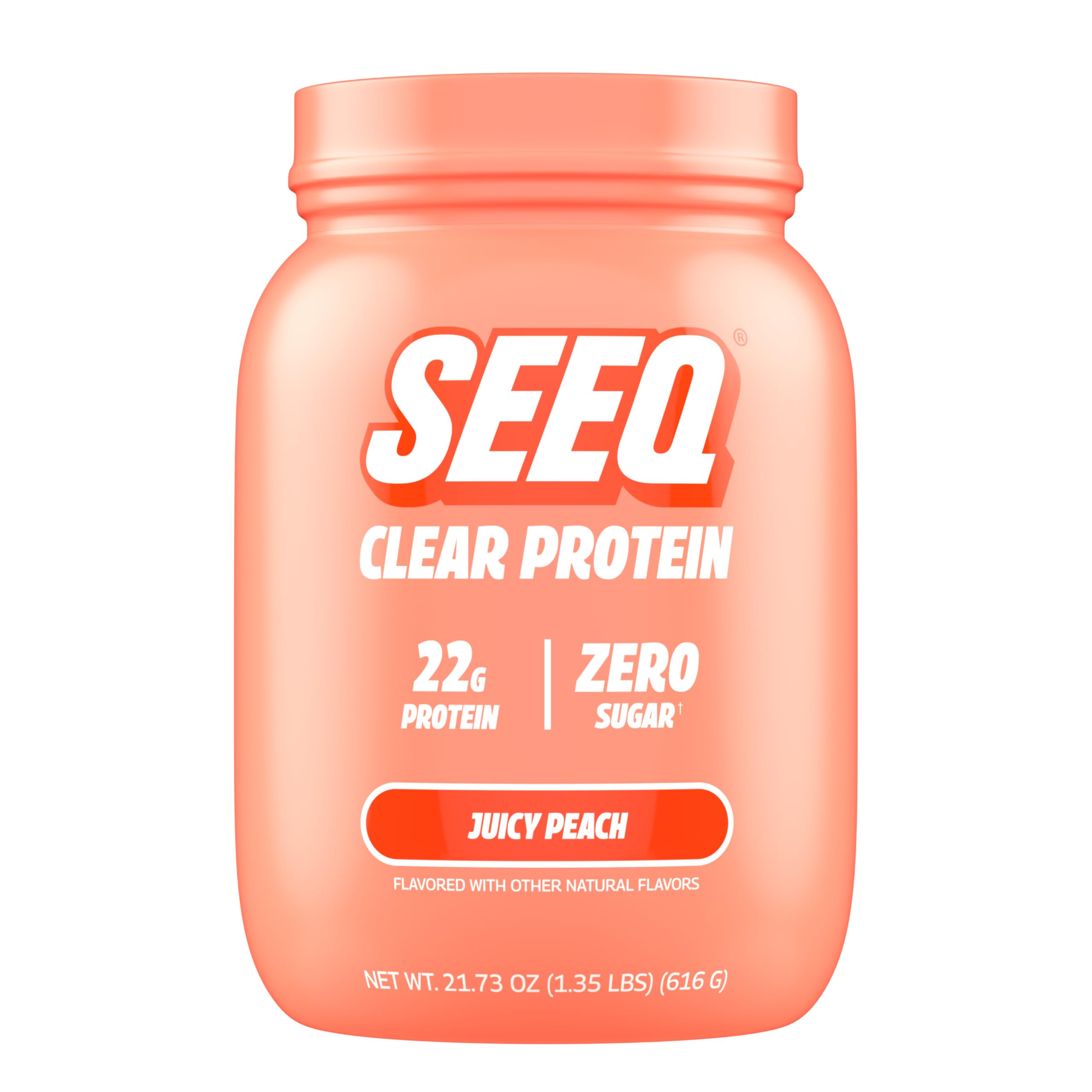 SEEQ Juicy Peach clear whey bottle shown for refreshing post-workout hydration.