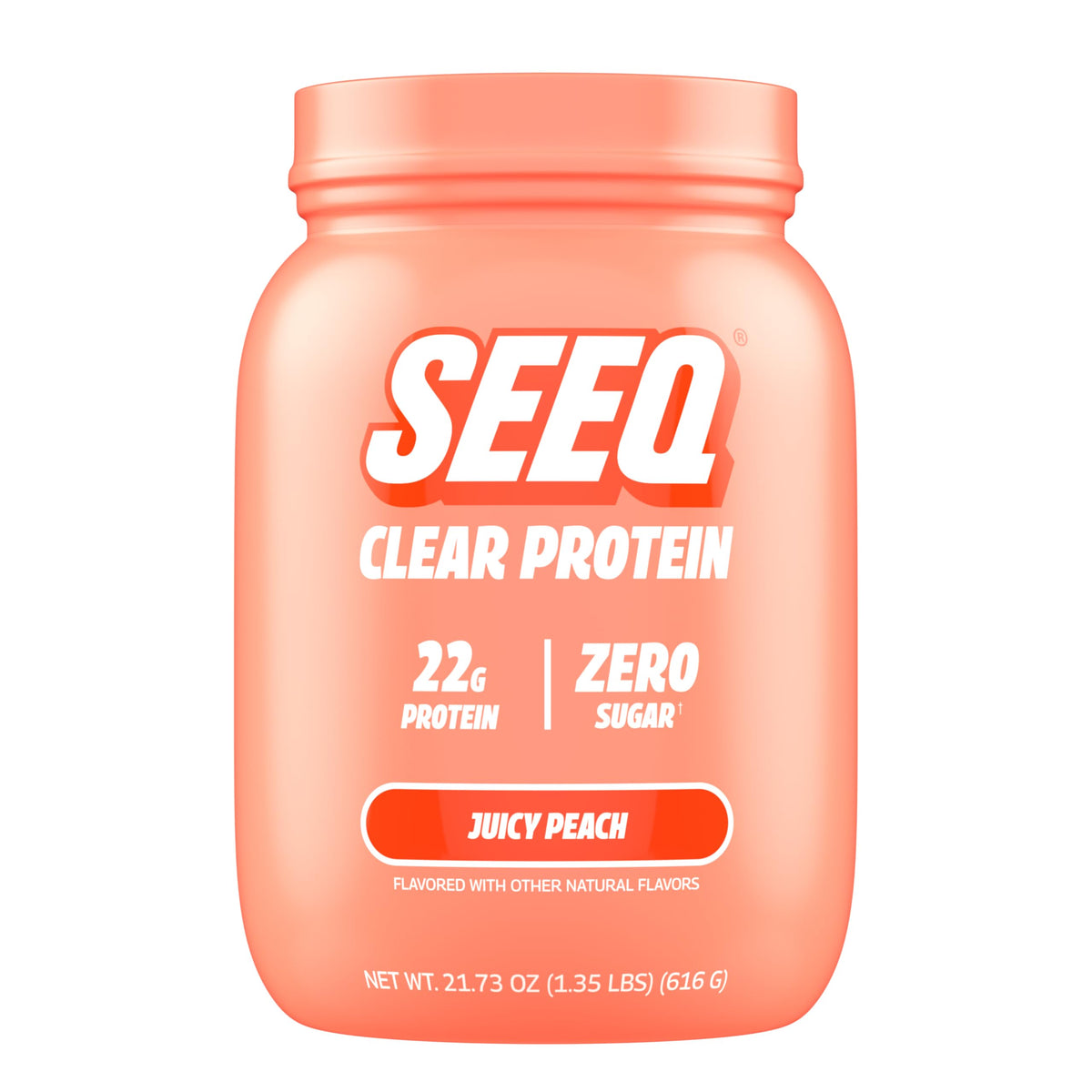 SEEQ Juicy Peach clear whey bottle shown for refreshing post-workout hydration.