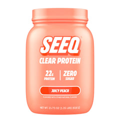 SEEQ Juicy Peach clear whey bottle shown for refreshing post-workout hydration.