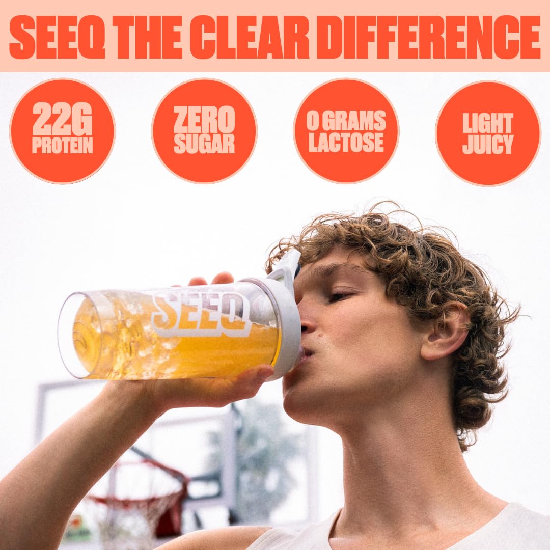 SEEQ Juicy Peach clear whey in shaker demonstrating quick mixability.