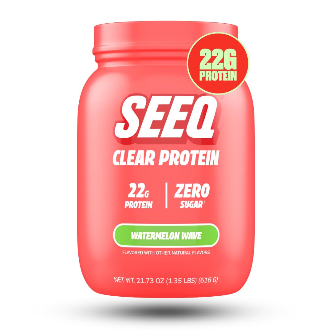 SEEQ Clear Whey Watermelon Wave bottle pour, refreshing sugar-free protein option