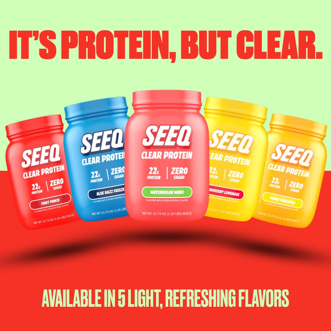 SEEQ Clear Whey Watermelon Wave powder dust on scoop suggests easy blending