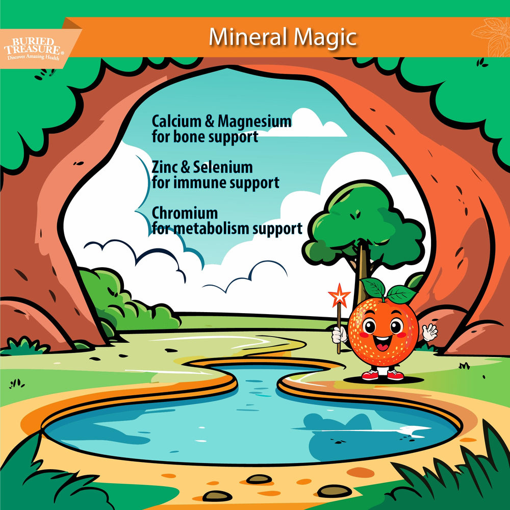 Buried Treasure zero sugar label highlights kid-friendly nutrition.