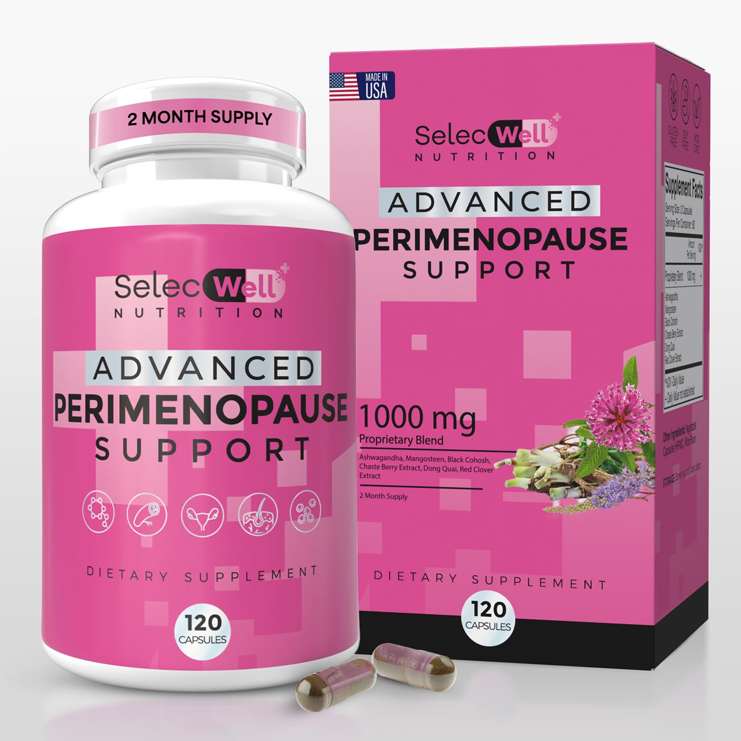 SelecWell Perimenopause bottle front shows a trusted herbal blend for daily balance.