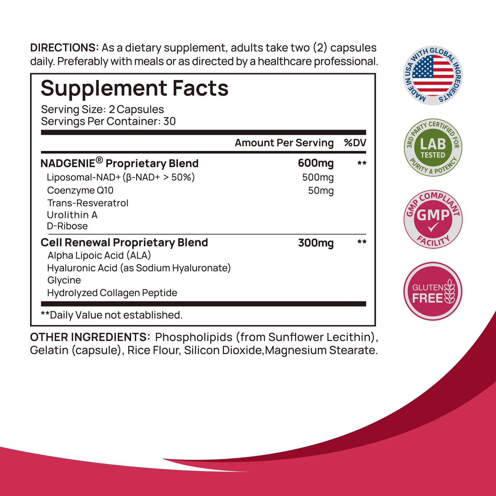 Selerb NADGenie beta-NAD+ and Trans-Resveratrol blend jar label emphasizing antioxidant support