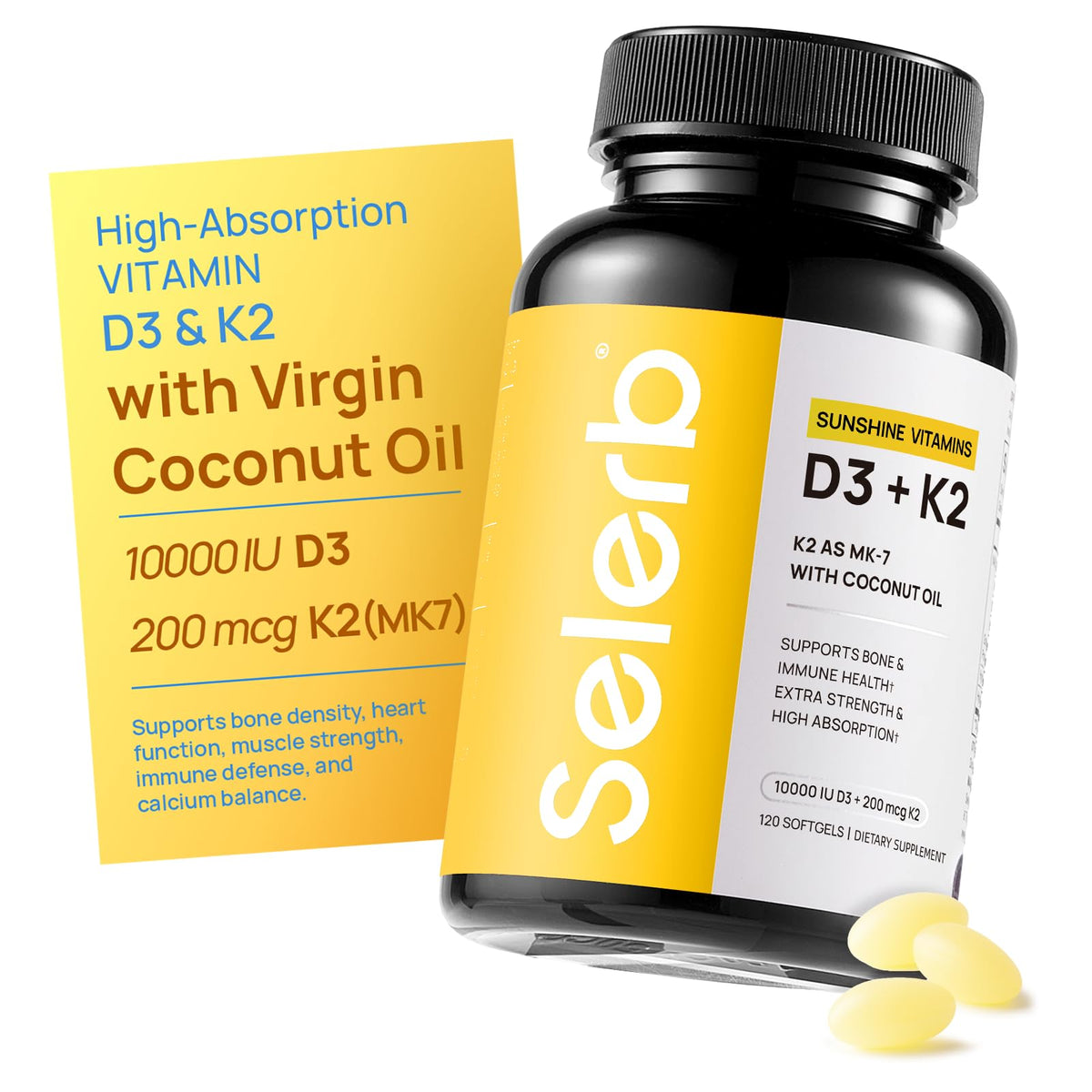 Selerb Vitamin D3 K2 softgel bottle for easy daily use
