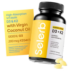 Selerb Vitamin D3 K2 softgel bottle for easy daily use