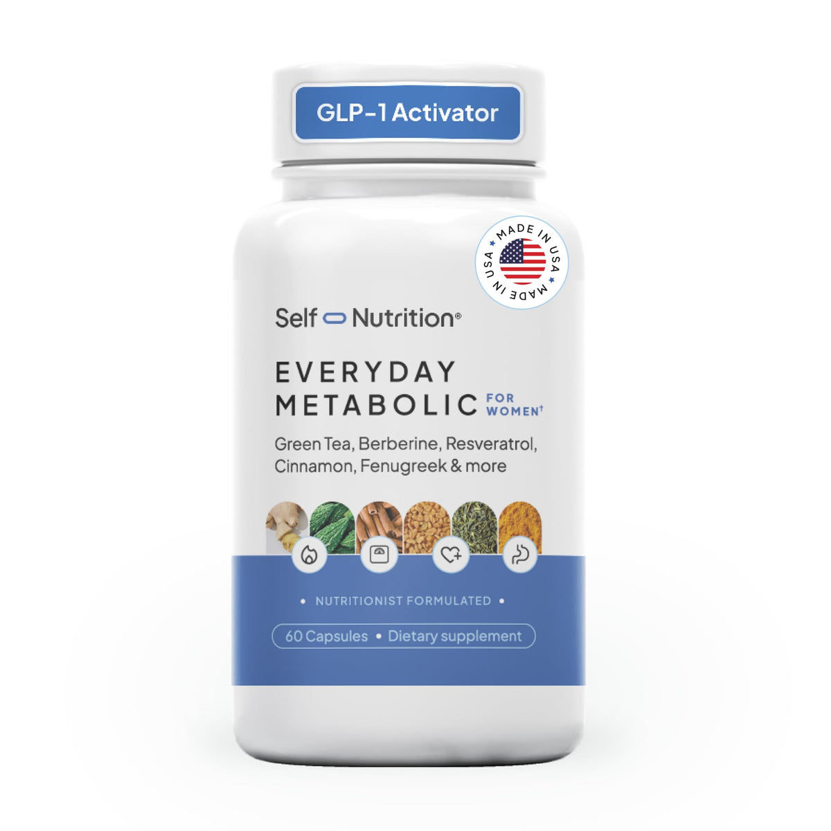 Self Nutrition GLP-1 Berberine bottle front for easy daily use and appetite support.